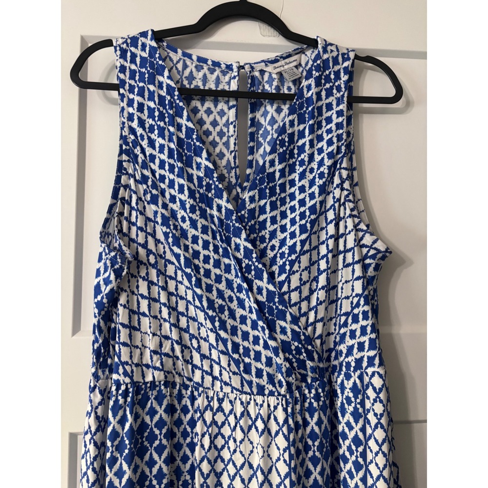 Tommy Bahama Blue White Geometric Tiered High-Low Maxi Dress Pockets XL SW621721 - Picture 3 of 9